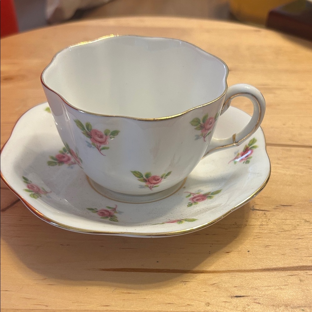 Vintage Taylor & Kent Pink Rose Teacup and Saucer Set trimmed in gold